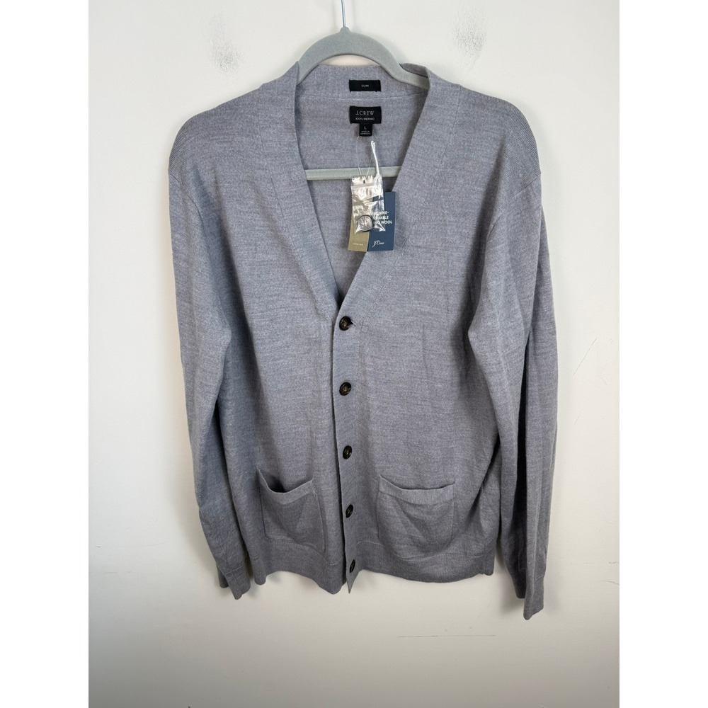 J.Crew Mens Slim Merino Wool Cardigan Sweater Heather Grey AE144 L NEW